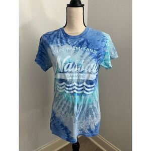 Tie Dye Graphic T-Shirt Small Blue Nassau Bahamas Sun Palm‎ Sand Travel Tee 90s